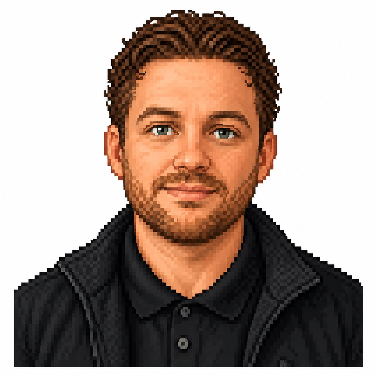 Pixel-art portrait of Chase Cantrell, with wavy brown hair, a short beard, and a black jacket.